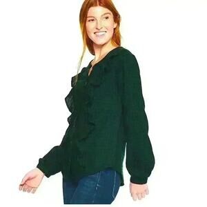 Sonoma Women’s Hunter Green Black Plaid Button Front Flannel with Ruffles